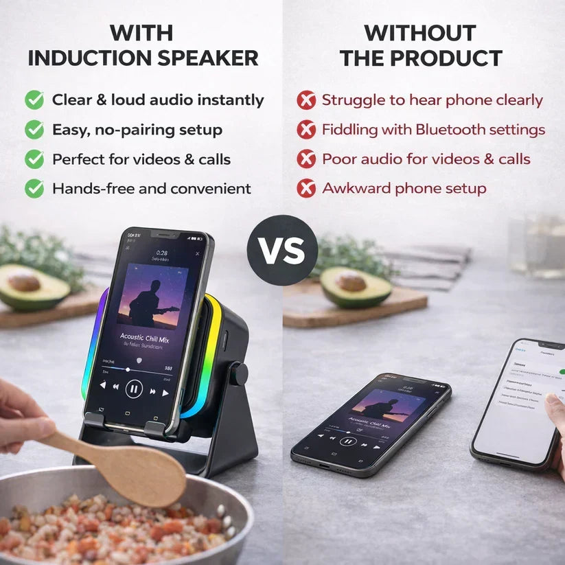 Side-by-side comparison of using the induction speaker versus using a phone alone