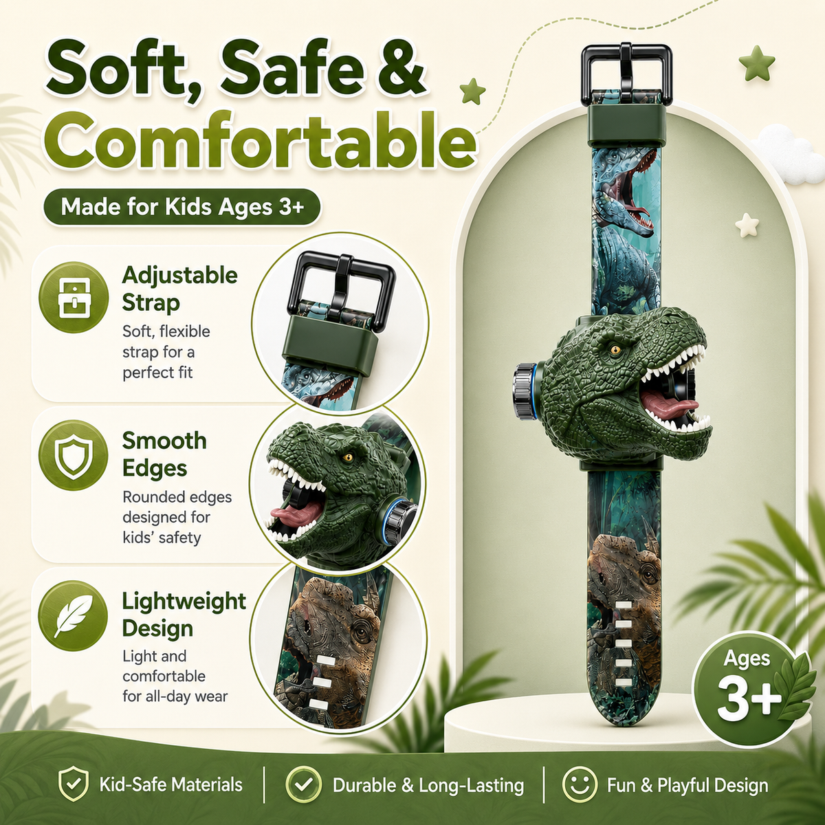 𝐁i𝐥𝐥𝐡𝐨𝐥® 3D Dinosaur Projection Watch Realistic T-Rex Design, Safe Soft Strap for Kids Ages 3+