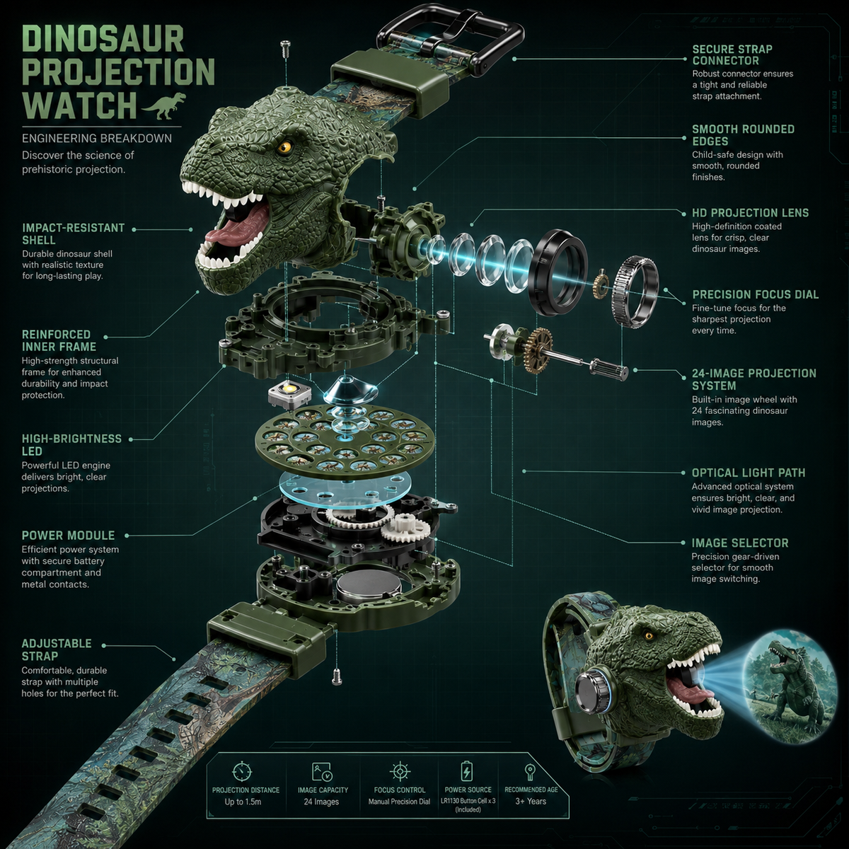 𝐁i𝐥𝐥𝐡𝐨𝐥® 3D Dinosaur Projection Watch Realistic T-Rex Design, Safe Soft Strap for Kids Ages 3+