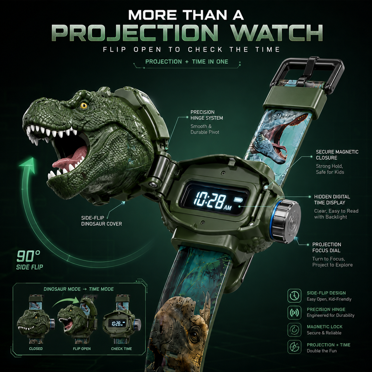 𝐁i𝐥𝐥𝐡𝐨𝐥® 3D Dinosaur Projection Watch Realistic T-Rex Design, Safe Soft Strap for Kids Ages 3+