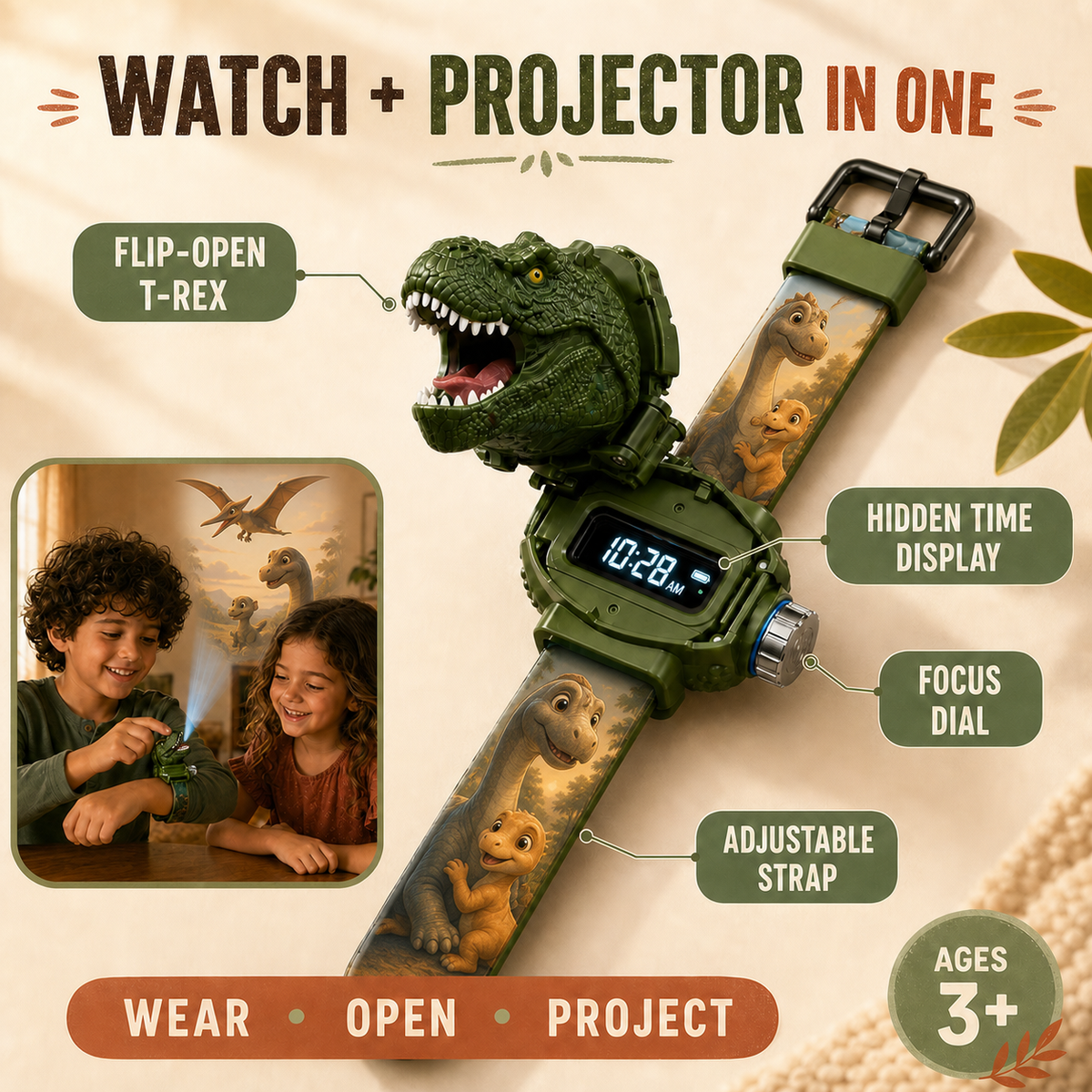 𝐁i𝐥𝐥𝐡𝐨𝐥® 3D Dinosaur Projection Watch🎀Realistic T-Rex Design, Safe Soft Strap for Kids Ages 3+